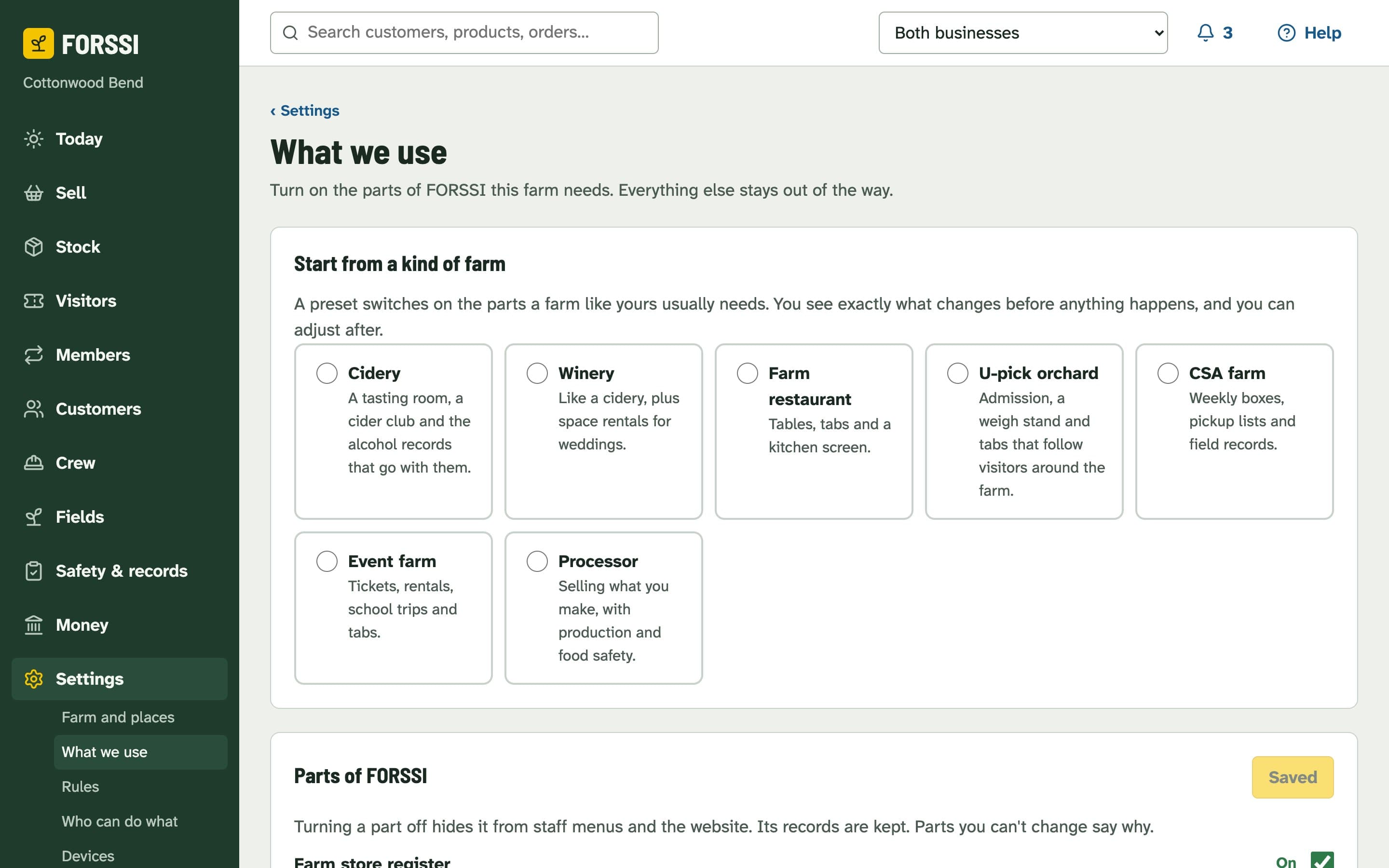 The settings screen for choosing which parts of FORSSI a farm uses