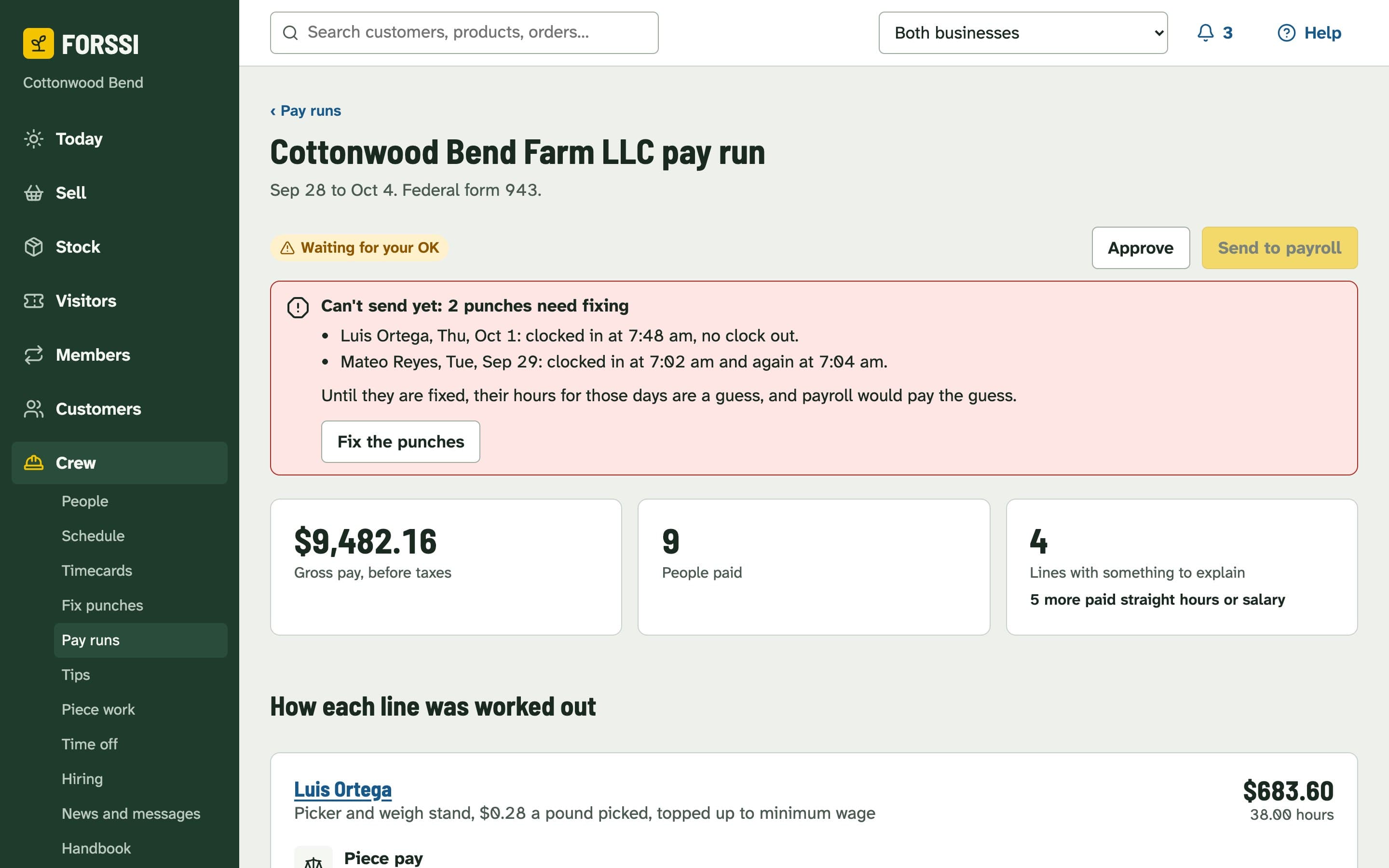 A pay run explaining piece-rate top-ups, farm overtime rules and tips line by line