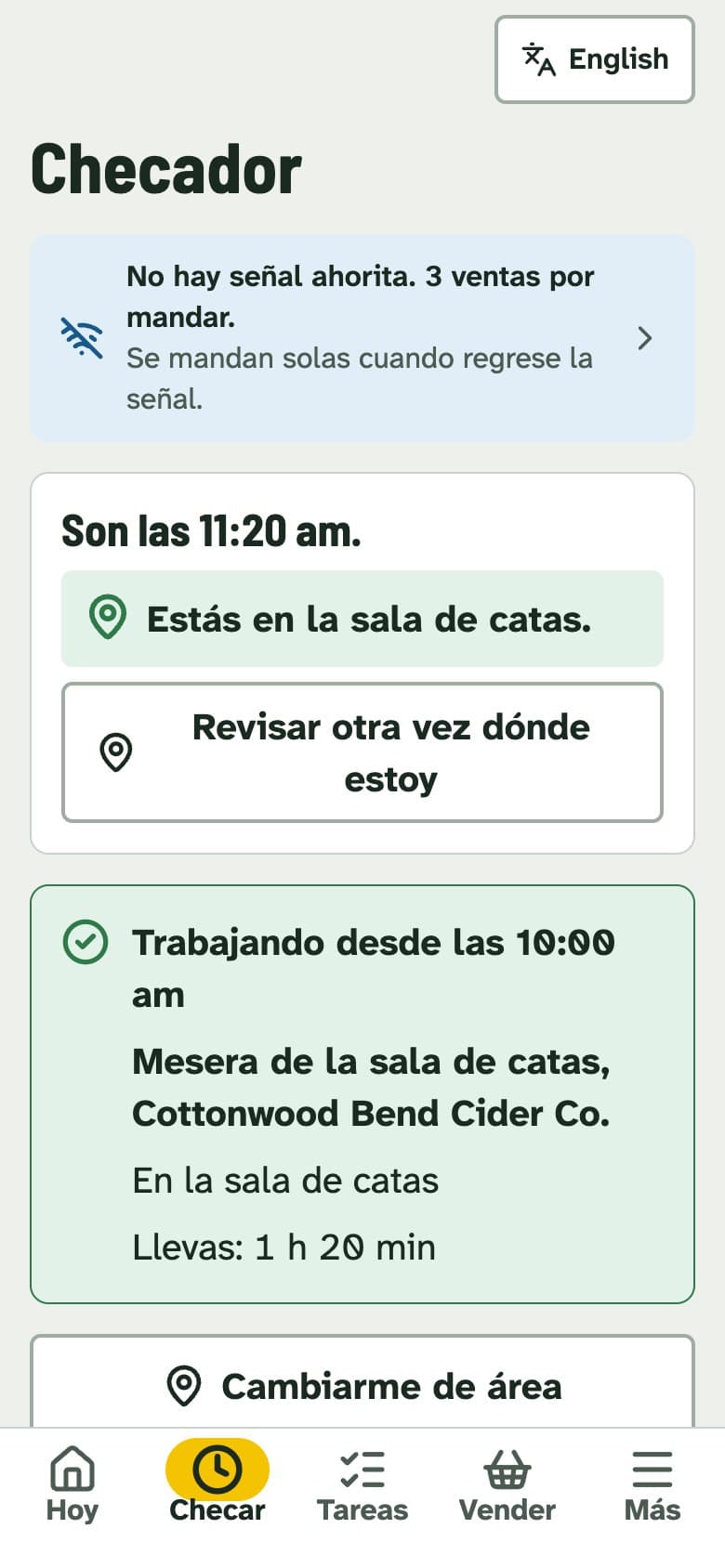 Staff app clock screen in Spanish