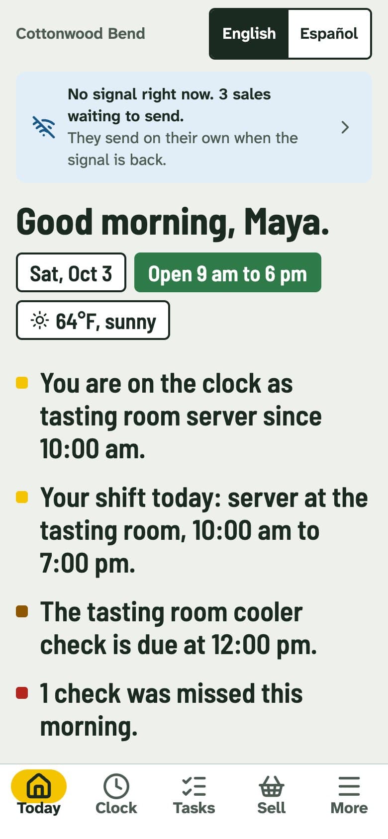 The staff app showing the day for a crew member