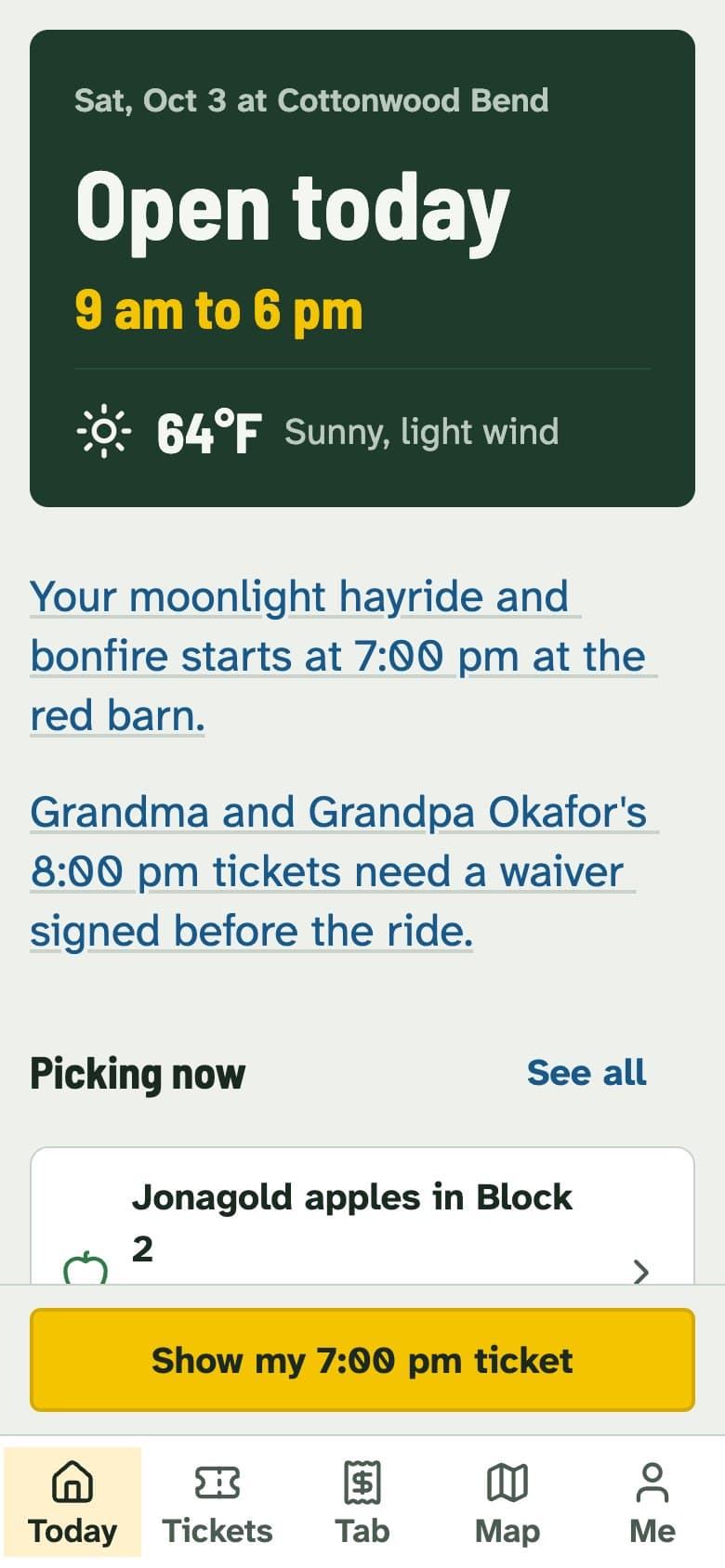 The visitor app showing the farm open today