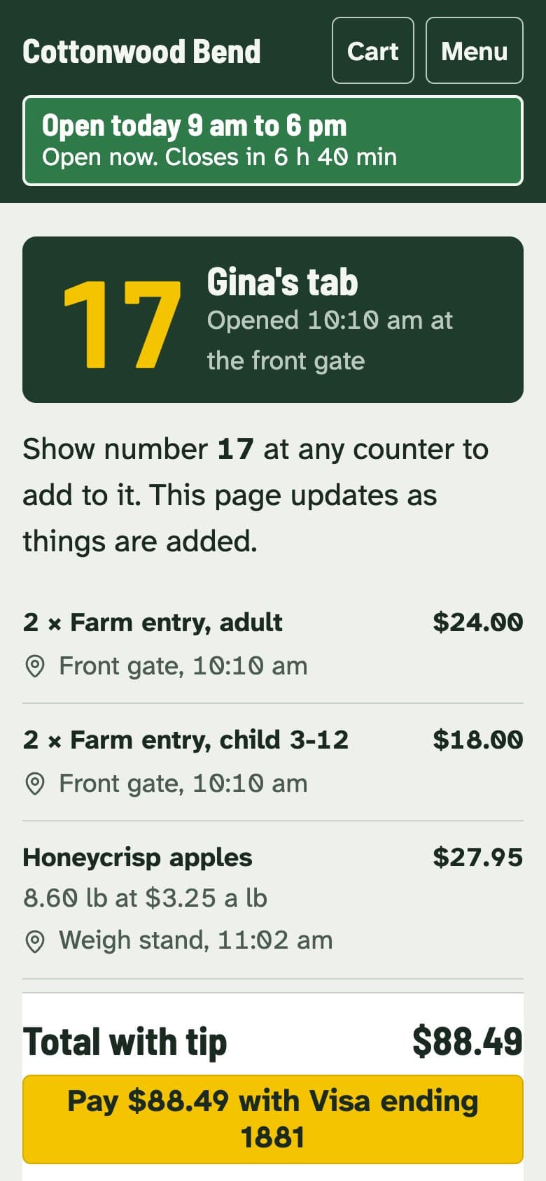 A farm tab on a visitor's phone